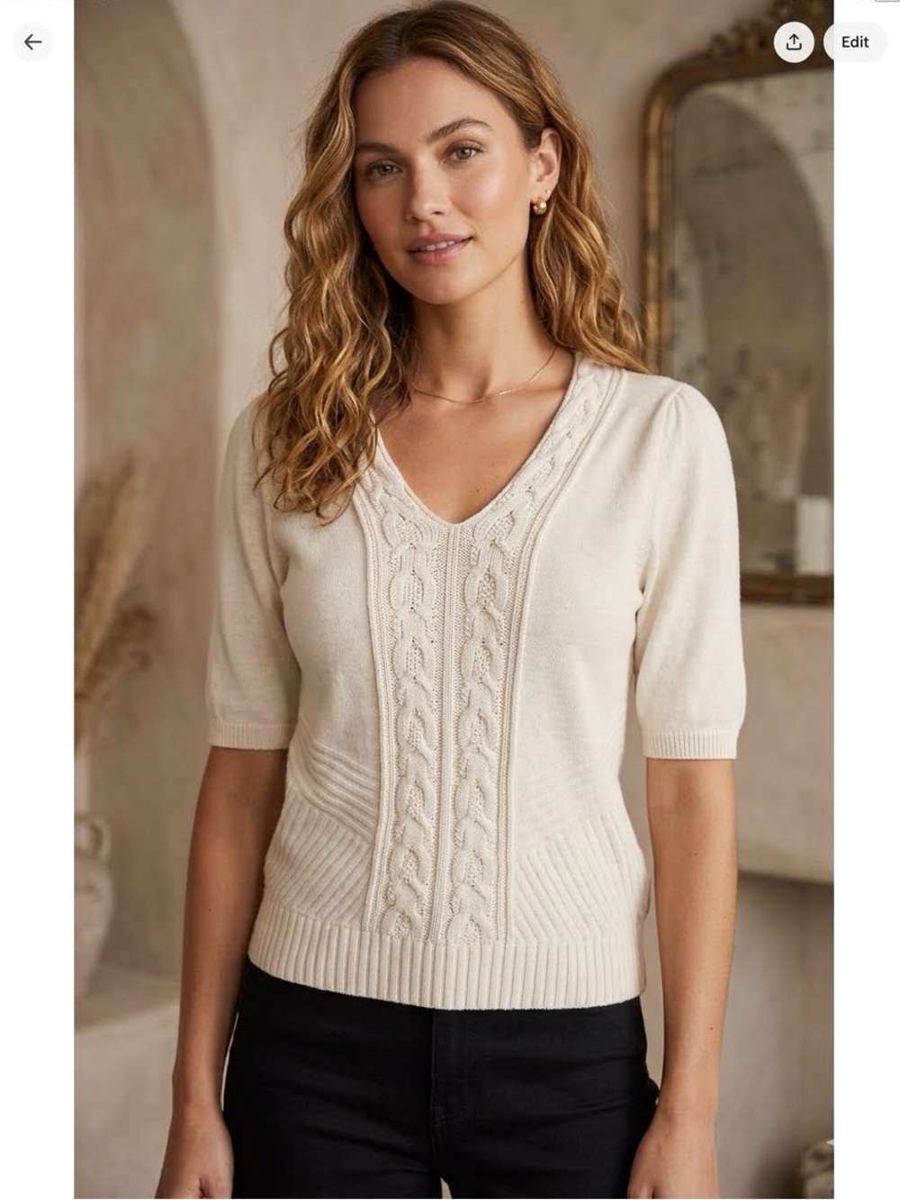 Anthropologie Moth Cotton Blend ivory cable knit v neck Sweater